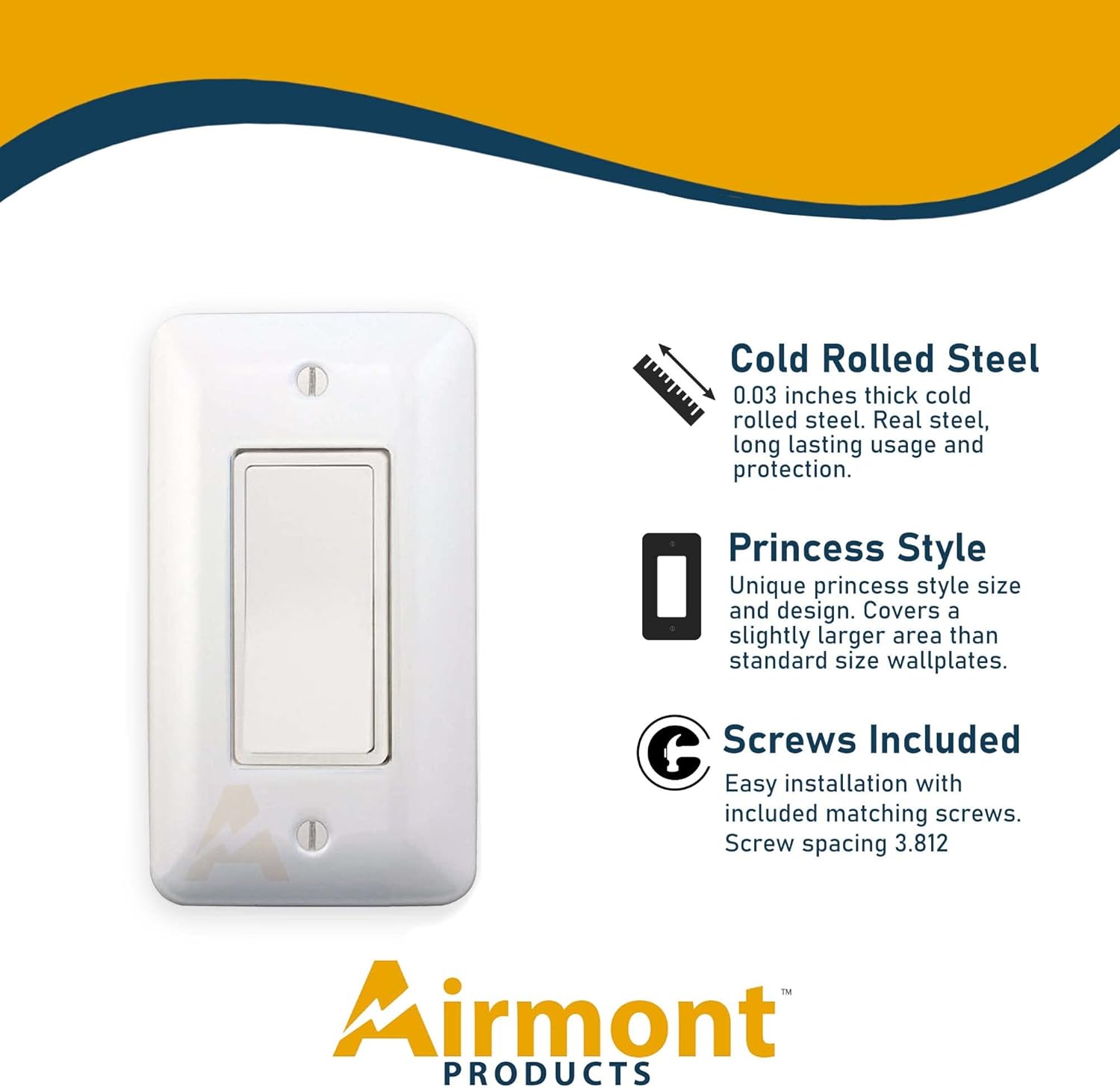 (5 Pack) Airmont Products AP-12071, White Metal Decorative Wall Plate, Princess Style 1 Gang, 5" x 2.75" Unbreakable, Smooth White Painted Metal, Impact Resistant, Matching Screws Included