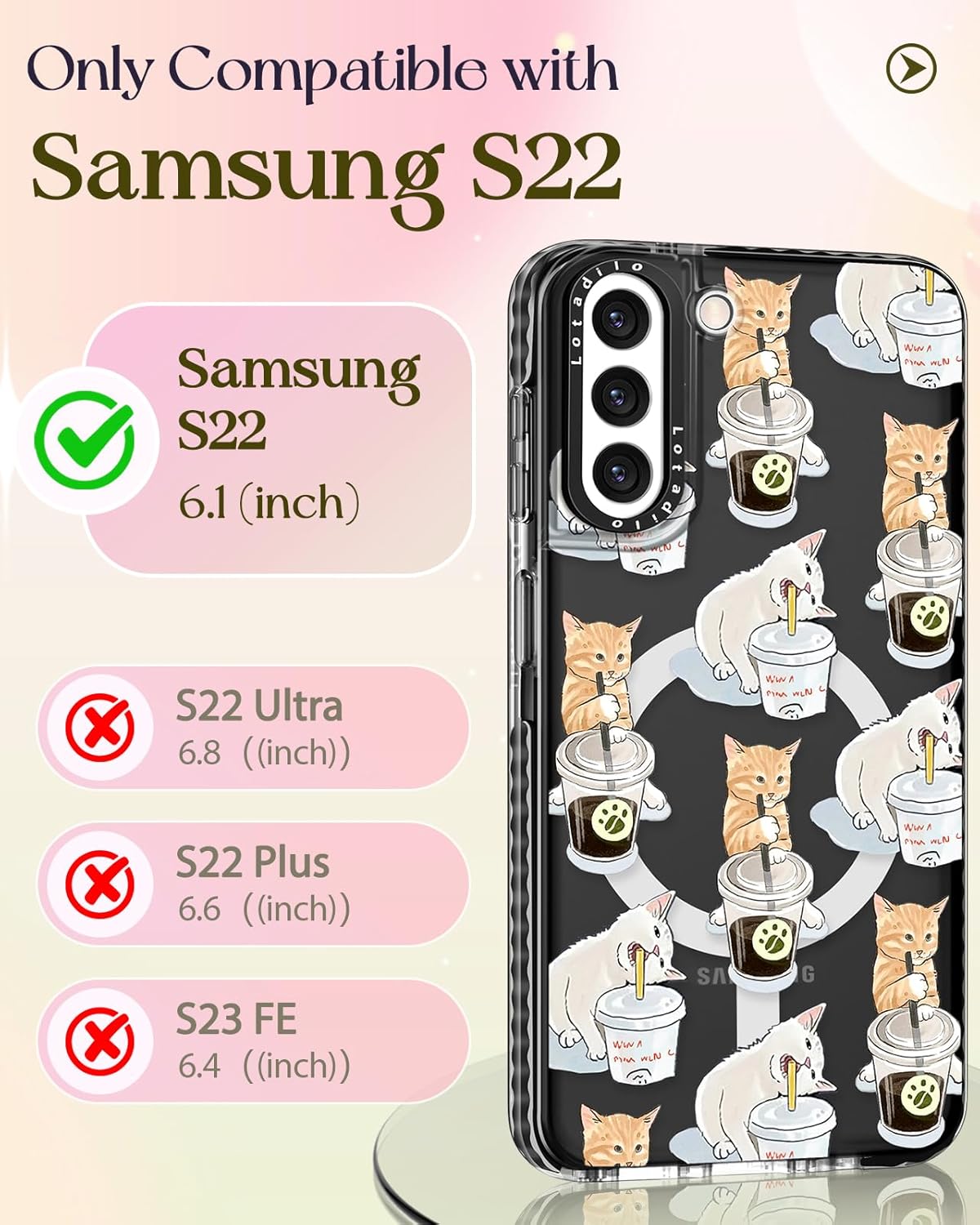 Cute Case for Samsung Galaxy S22 for Women Girls - Funny Design Compatible with Magsafe Magnetic Ring Holder Kickstand Art Cat Cafei Fashion Pattern TPU Phone Covers - Image 2
