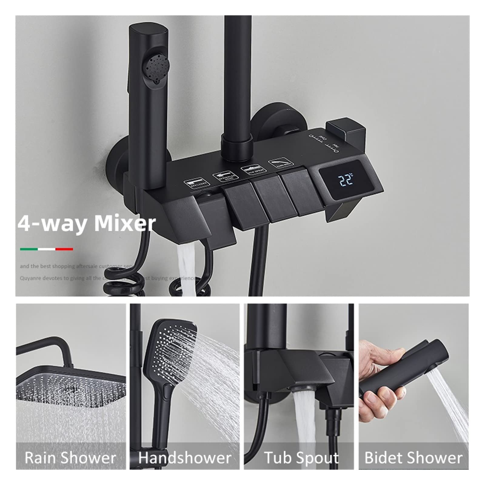 Set Doccia con Display Digitale for Pianoforte Nero Rubinetti for Bagno a 4 Vie Rubinetto a Cascata Calda e Fredda Doccia a Pioggia(Black Hot Cold)