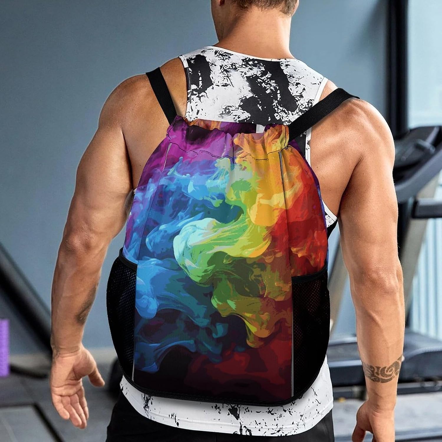 Rainbow Smoke Drawstring Backpack with Wet Pocket - Large Capacity Gym Bag with Shoe Compartment & Mesh Pockets, Adjustable Lightweight Gym Backpack for Swimming, Travel, Workout