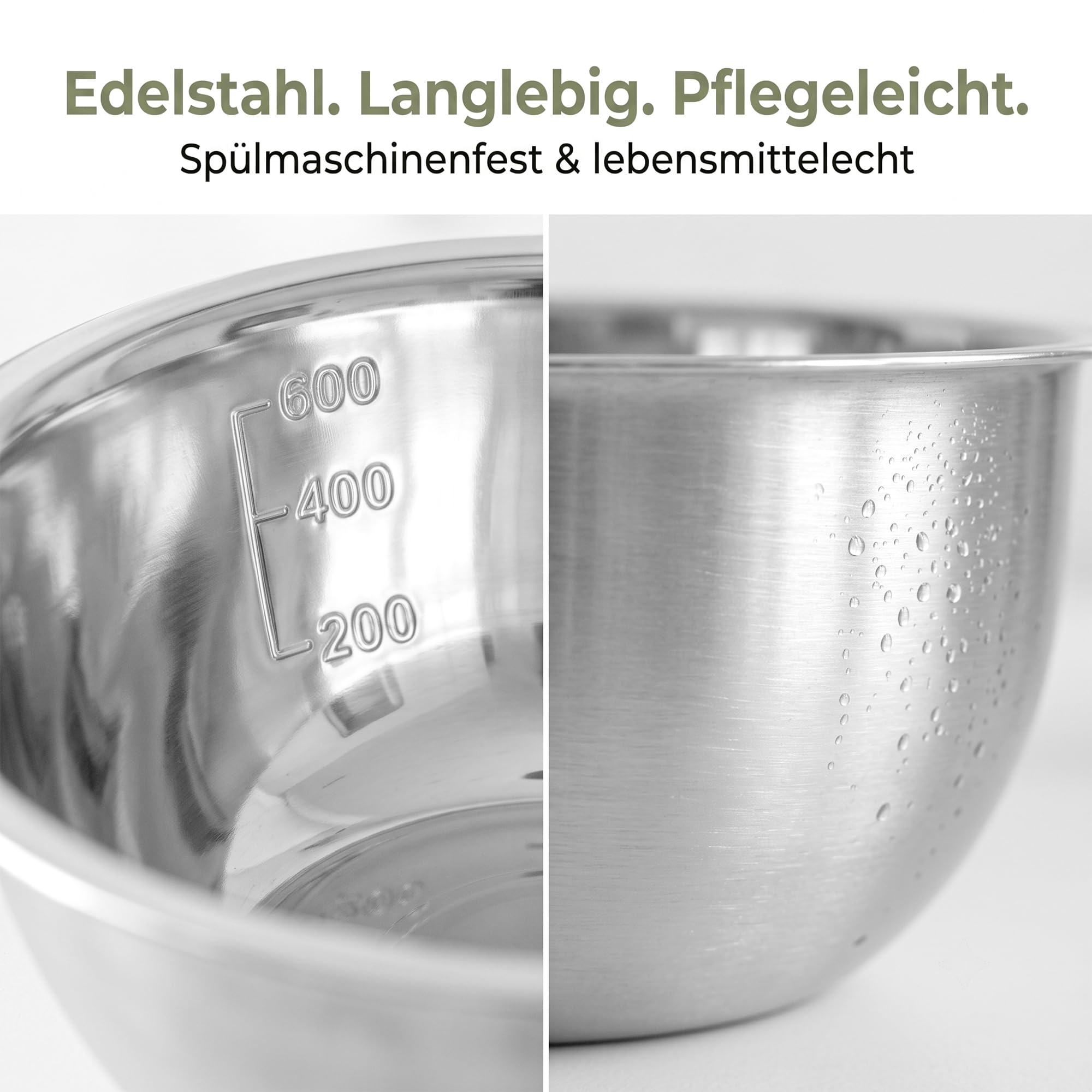Set di 10 ciotole in acciaio inox in 5 misure, insalatiere, ciotole impilabili in metallo per cucina, insalata, cottura, 0,6 l, 0,9 l, 1,6 l, 2 l, 2,6 l