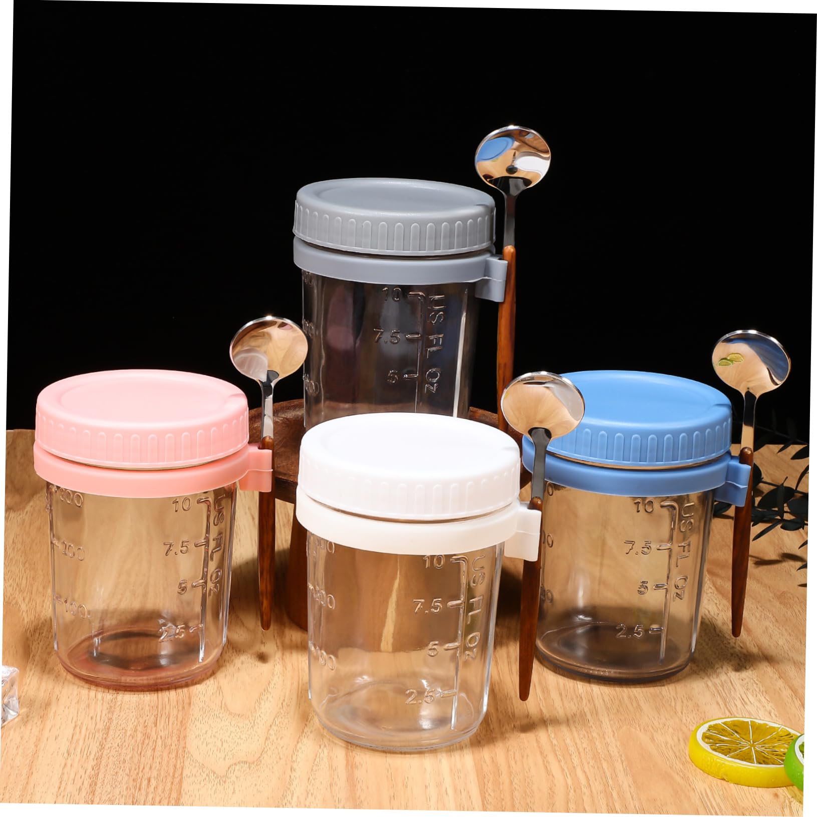 SOLUSTRE 4 Stück Teiliges Einmachglas mit Deckel und Löffel Luftdichter Großer Glasbehälter für Joghurt Frühstück Vielseitiger Küchen Vorratsglas für Büro und Picknick