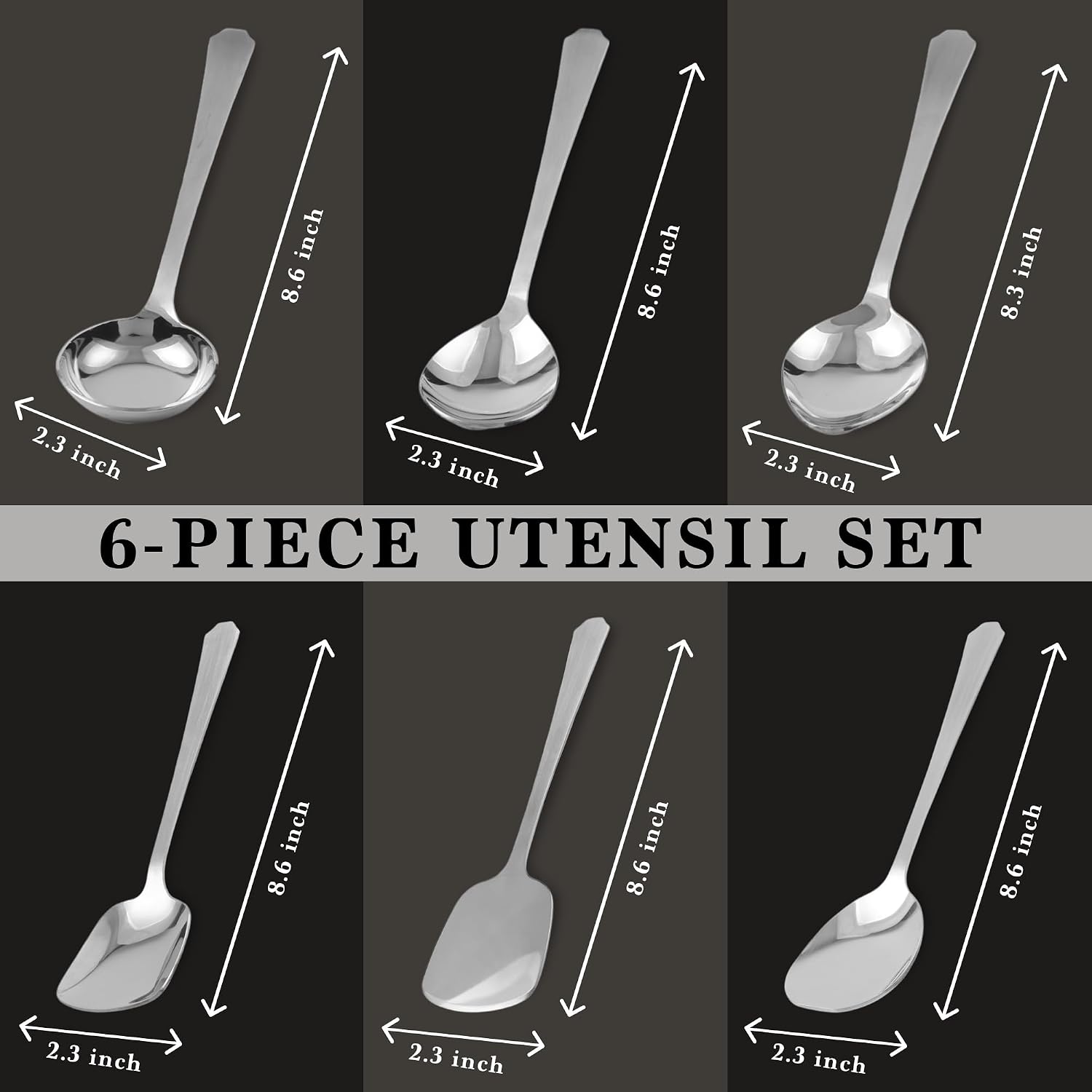 304 Stainless Steel Serving Spoon Set (6-Piece) – Soup Ladle, Rice Spoon, Oval Spoon, Serving Spoon & Flat Spatula – Dishwasher Safe, Mirror Finish, Heavy Duty Kitchen Utensils