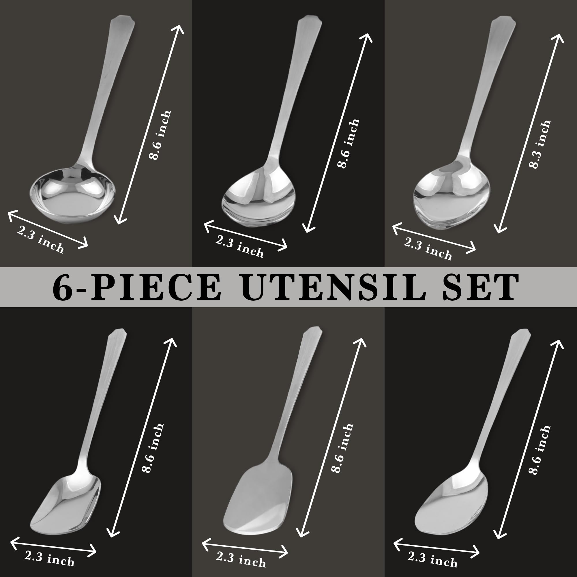 CRAFTONE Edelstahl Küchenutensilien 6er Set Servierlöffel Kochlöffel Schöpflöffel Pfannenwender Reislöffel Oval Löffel Spatel Set