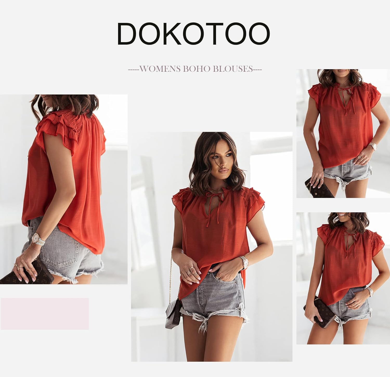 Vista 4 de Dokotto - Blusas informales con cuello en V para mujer diseño de manga corta con cordón ajustable