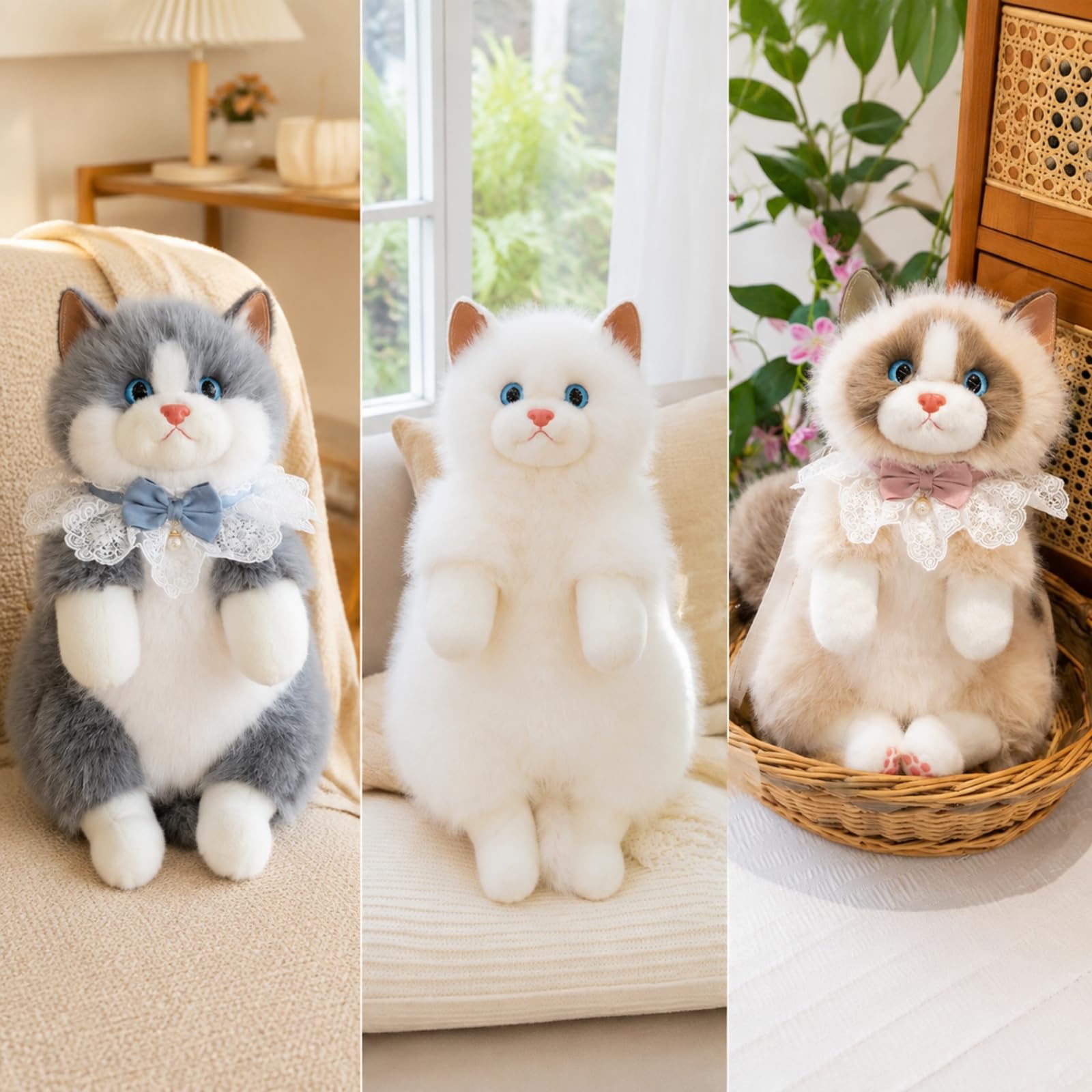 Qianly Peluche Gatto 55 Cm Multiuso Peluche Gatto con Bavaglino in Pizzo Coccoloso per Arredamento Camera, Caffè