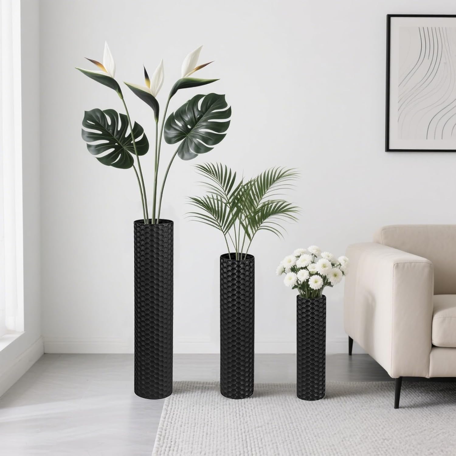 Black Tall Floor Vase - Set of 3 Extra Large Metal Decorative Vases for Living Room, 27.6" Long Modern Honeycomb Texture Big Cylinder Standing Corner Decor for Home Dining Bedroom Pampas Grass