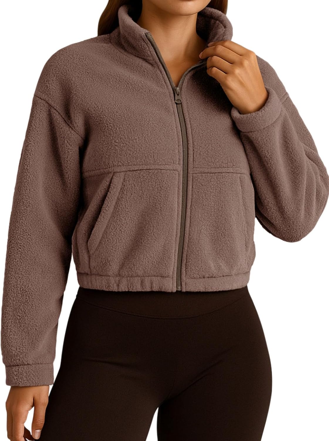 PINKMSTYLE Women Zip Up Fleece Sherpa Jacket Coat - Winter Warm Trendy Cropped Sweatshirt for Casual,Workout - Image 2