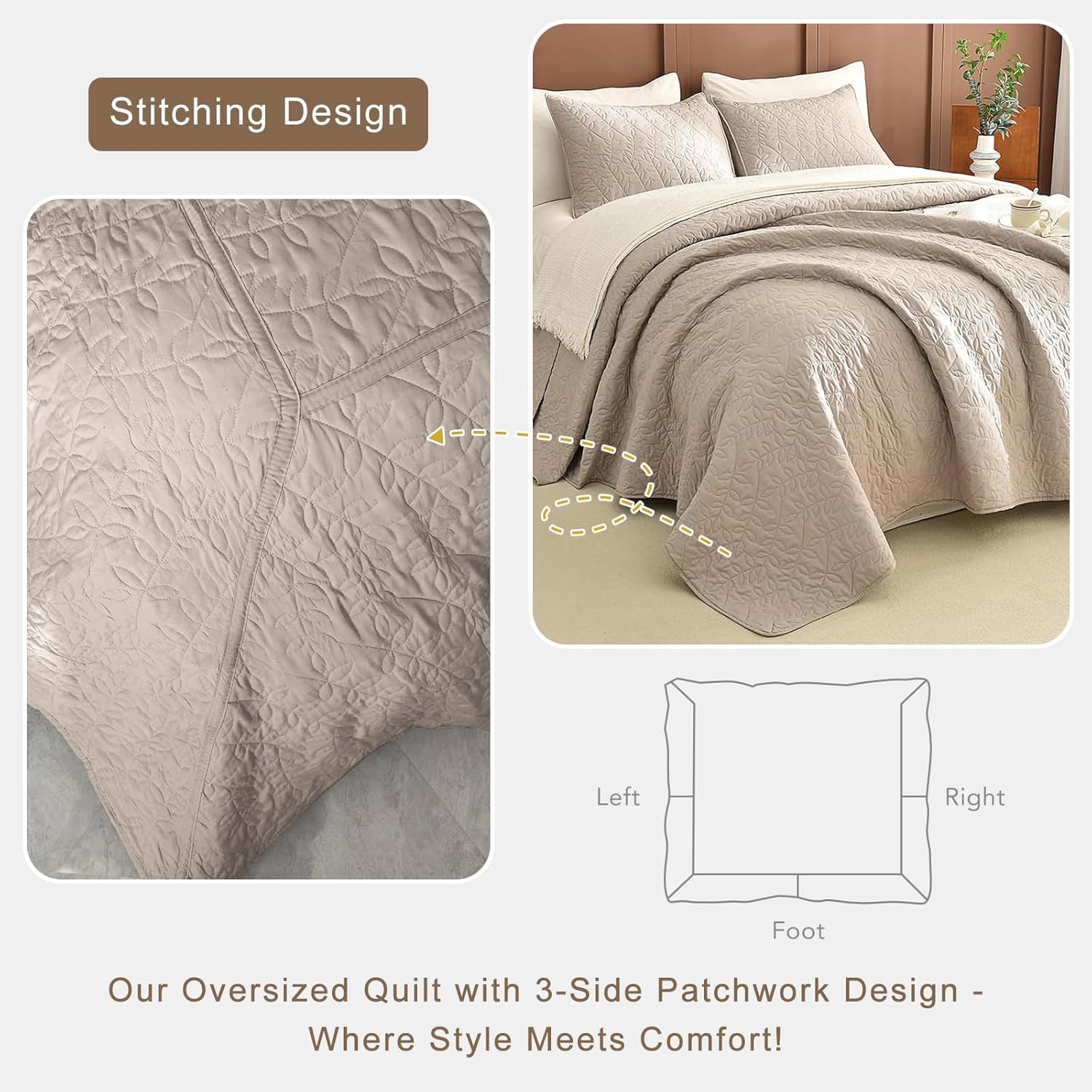 Lady Ann Queen Bedspreads 102x118 Leaves Pattern Printed Bedspreads & Coverlets, 3 Pcs Linen Feel Queen Quilt Set Lightweight & Soft Farmhouse Bedding Sets - Image 6