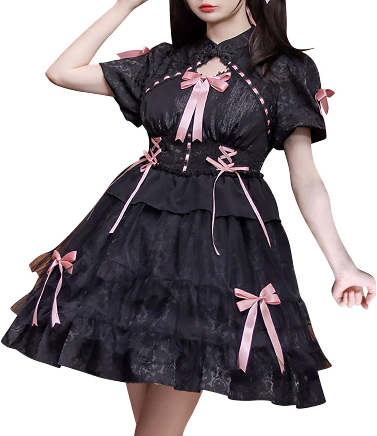 Classic Lolita Dress for Women Short Sleeve Lace Layered Bowknot Anime Maid Cosplay Costume Cute Maid Dresses