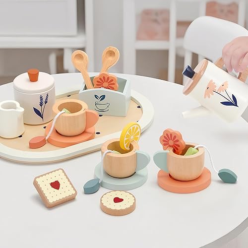 Miniatura 6 de Juego de té de madera para niños pequeños, juego de fiesta de té de madera para niños, juego de juguetes de comida, accesorios de cocina, fiesta de