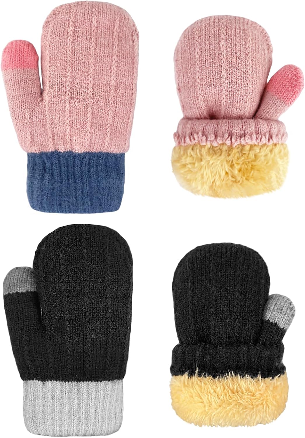 2 Pairs Winter Fleece Mittens for Kids Girls Boys Children Warm Knit Snow Cold Weather Gloves Gifts 2-6 Years