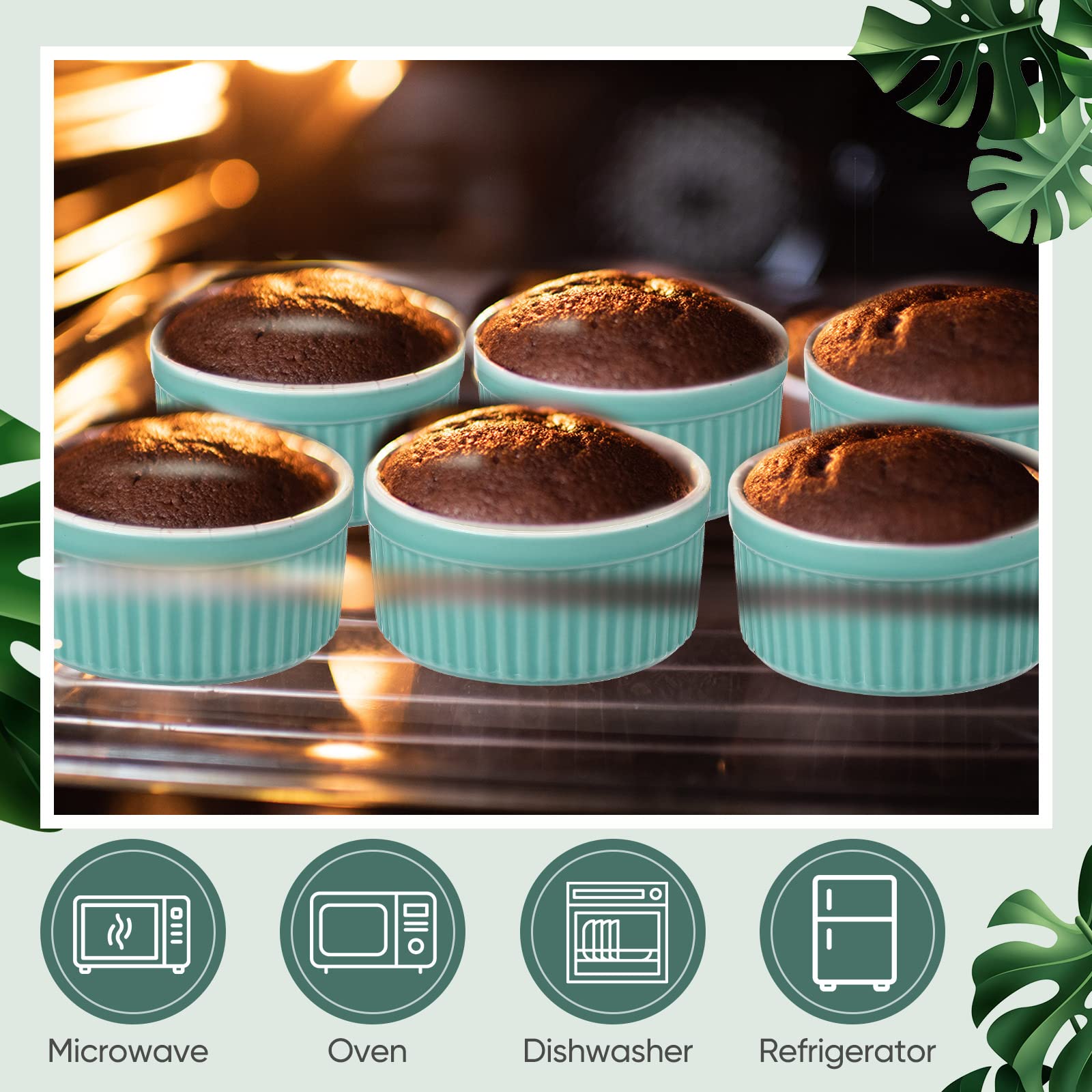 6 juegos de ramequines de porcelana con tapas, 8 onzas, aptos para horno, para crema, brulee, soufflé, con cubiertas, para horno, cuenco de cerámica apilable con tapa, platos para hornear (azul)