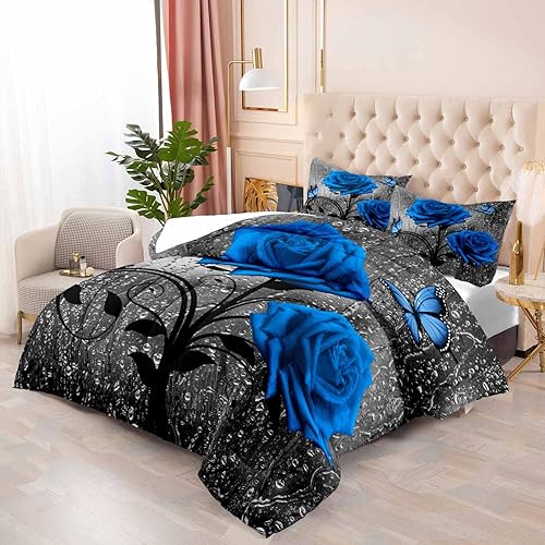 Miniatura 3 de LUVIVIHOME Juego de edredón de 3 piezas de rosa azul real, tamaño King, ropa de cama floral de mariposa con gotas de lluvia gris, decoración de