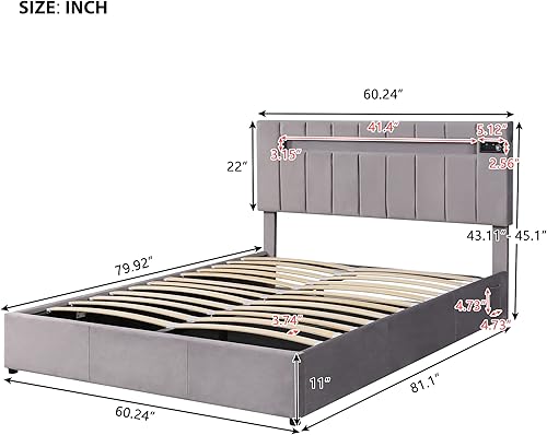 Miniatura 2 de Base de cama tapizada tamaño Queen con almacenamiento de elevación cama de terciopelo LED RGB con puertos USB cama de plataforma inteligente con