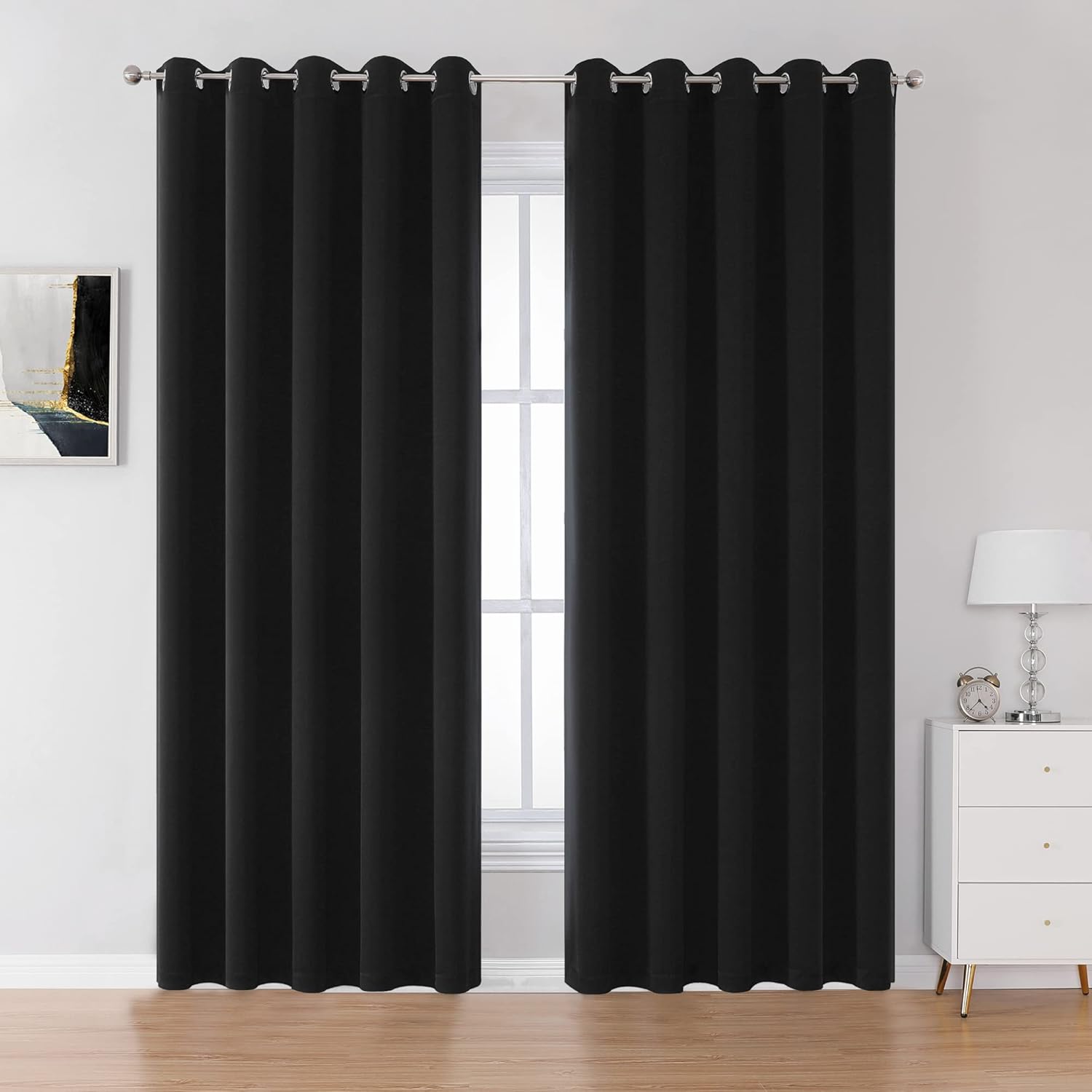 DUALIFE Blackout Curtains 60 inches Wide x 90 inches Long 2 Panels - Grommet Wall Divider Drapes Thermal Insulated Curtains for Bedroom Doorway, Black Color