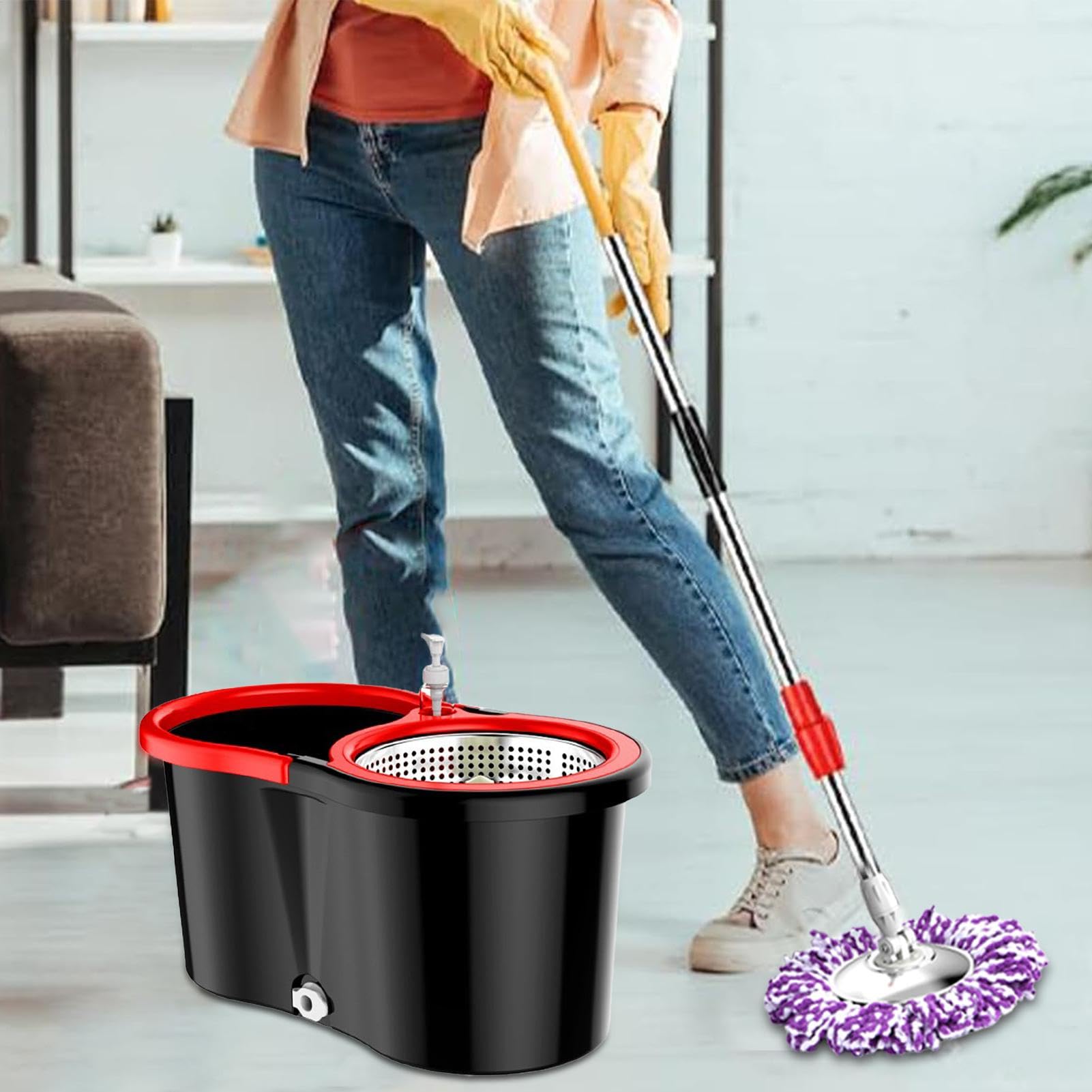 MOP con Cubo - de fregona autoescurrida, fregona de Microfibra giratoria | de 360 ° | Fácil apretón con escurridor, Limpieza Multifuncional fregona carenado Conjunto fregona de Limpieza