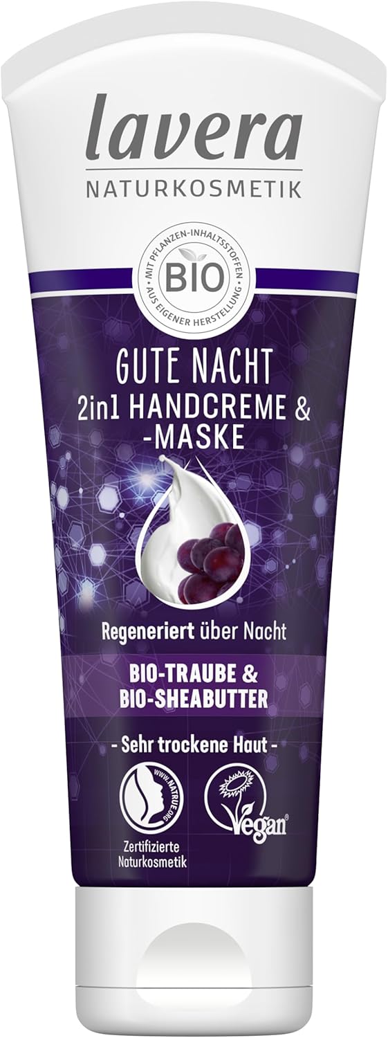 lavera Gute Nacht 2-in-1 Hand Cream & Mask – Certified Natural Cosmetics – Vegan – Organic Grape & Organic Shea Butter – 75 ml