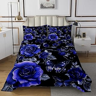 Colcha de 3 piezas con 2 fundas de almohada estilo gótico con diseño floral botánico, color azul rosa, tamaño doble, para decoración de habitación