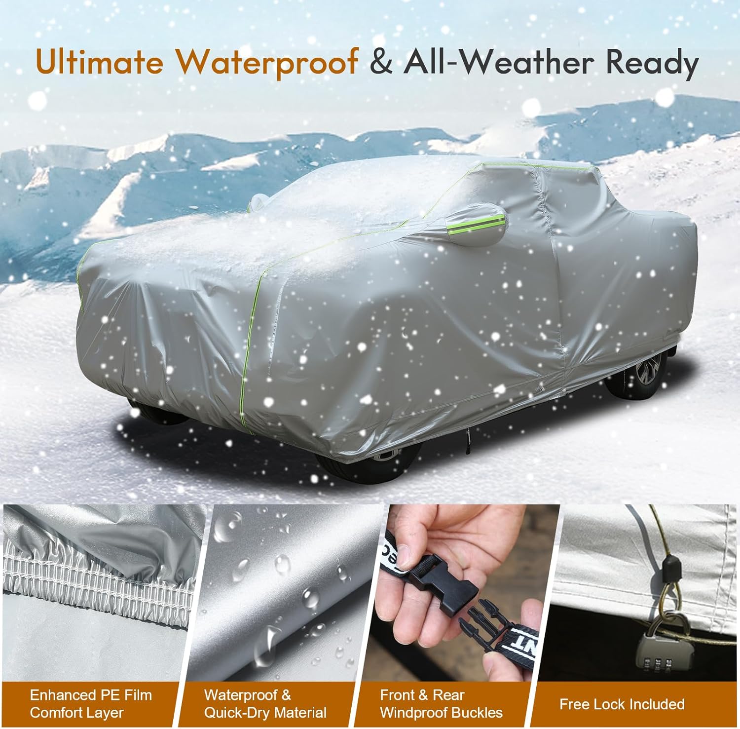 Tecoom Truck Cover Waterproof for Automobiles, Breathable Light Shell Windproof Sun Rain Snow Protection with Zipper Door & Lock, All Weather Outdoor Full Pickup Covers Fit Length Up to 252"