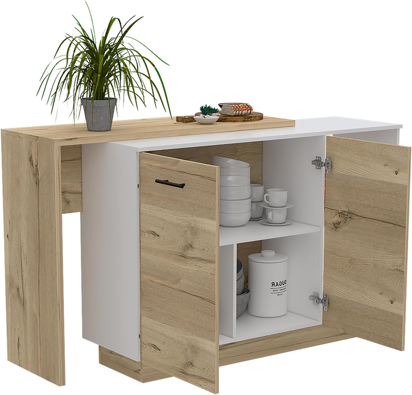 Kitchen Island Ohio - Particle Board White + Light Oak - Modern Elegance with Open Shelves - Auxiliary Dining Table - Timeless Design