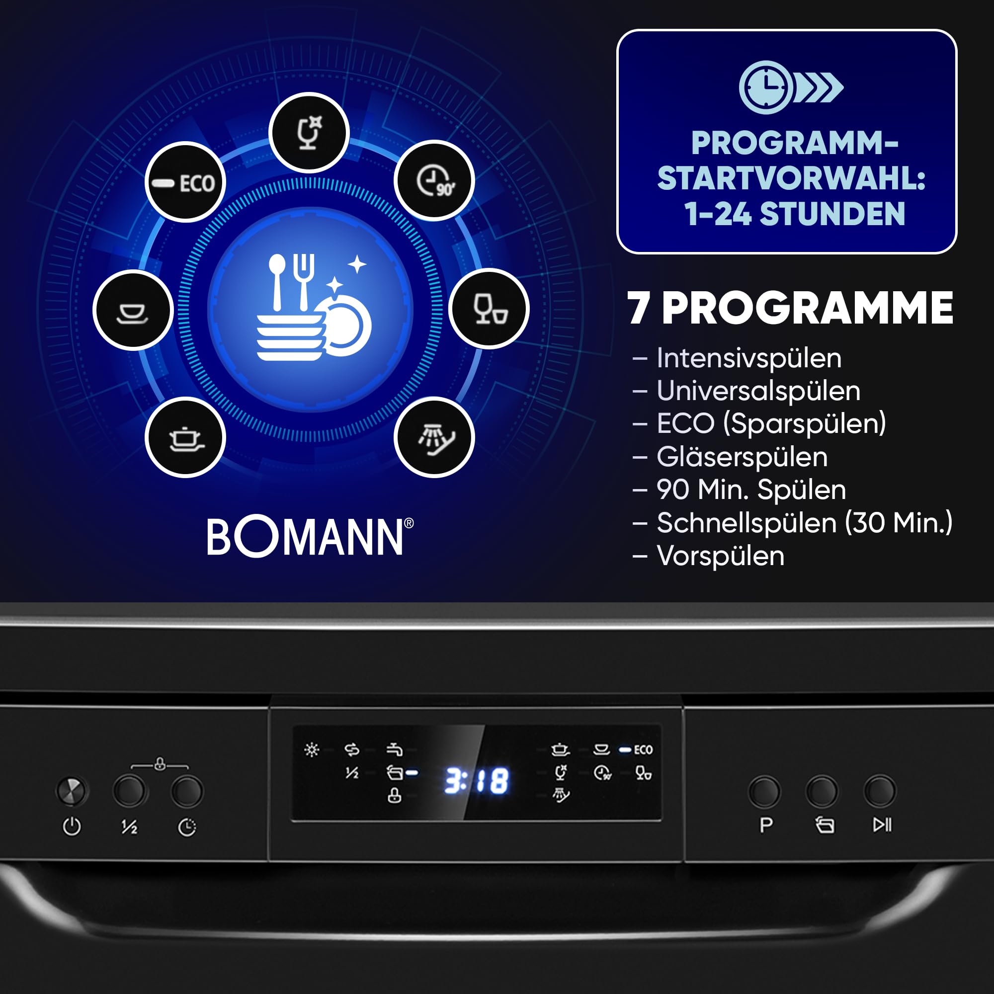 Bomann Geschirrspüler 60 cm 14 Maßgedecke Stand Unterbau 7 Programme 2 Sprühebenen Startvorwahl GSP 7419 schwarz