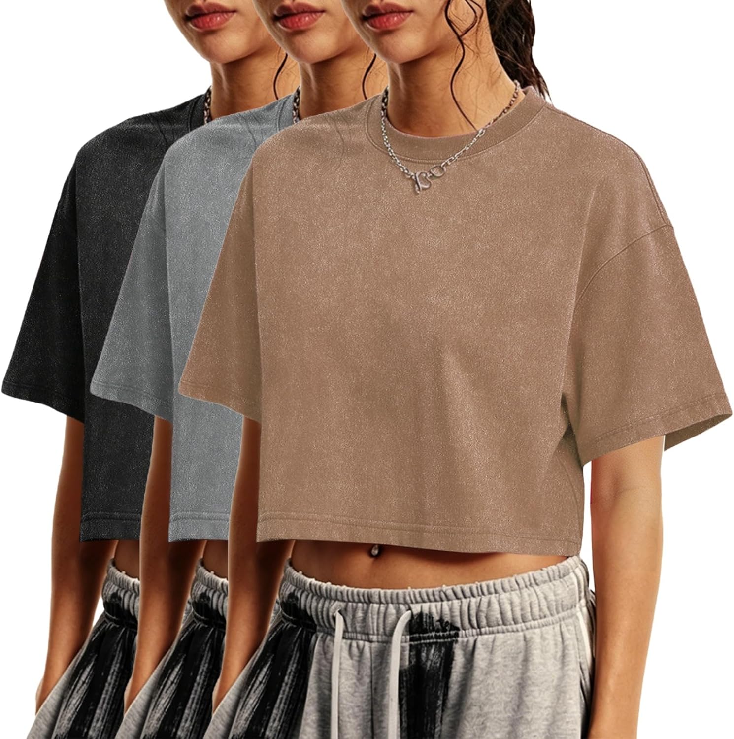 Womens Cropped Tops Acid Wash Short Sleeve T-Shirt Baggy Cotton Tee Vintage Round Neck Basic Tees Casual Shirts