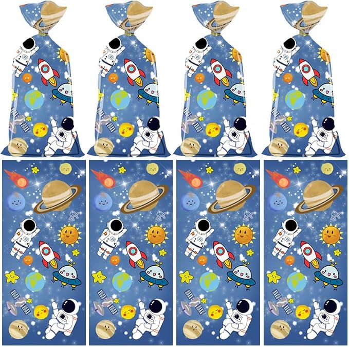 Outer Galaxy Space Cellophane Treat Bags, 100 Pieces Outer Space Spaceship Rocket Astronauts Printed Plastic Gift Goodie Candy Cookies Treat Storage Bags with Ties for Kids Birthday Party Favor Supplies