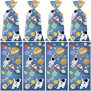 Outer Galaxy Space Cellophane Treat Bags, 100 Pieces Outer Space Spaceship Rocket Astronauts Printed Plastic Gift Goodie Candy Cookies Treat Storage Bags with Ties for Kids Birthday Party Favor Supplies
