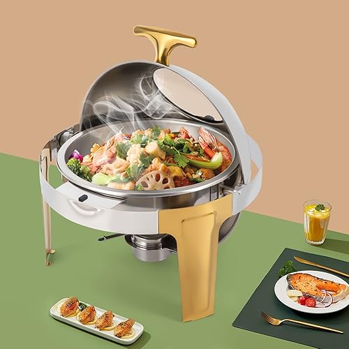 Miniatura 4 de Juego de platos de bufé con tapa enrollable, acento dorado, juego de servidores y calentadores de bufé, bandeja de calentamiento, 6.3 cuartos de