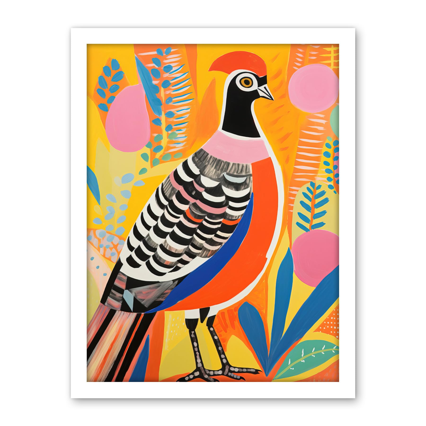 Artery8 Pleasant Pheasant Bright Bold Vibrant Colourful Grassland Acrylic Painting Artwork Orange Pink Blue Folk Art Artwork Framed Wall Art Print 18X24 Inch