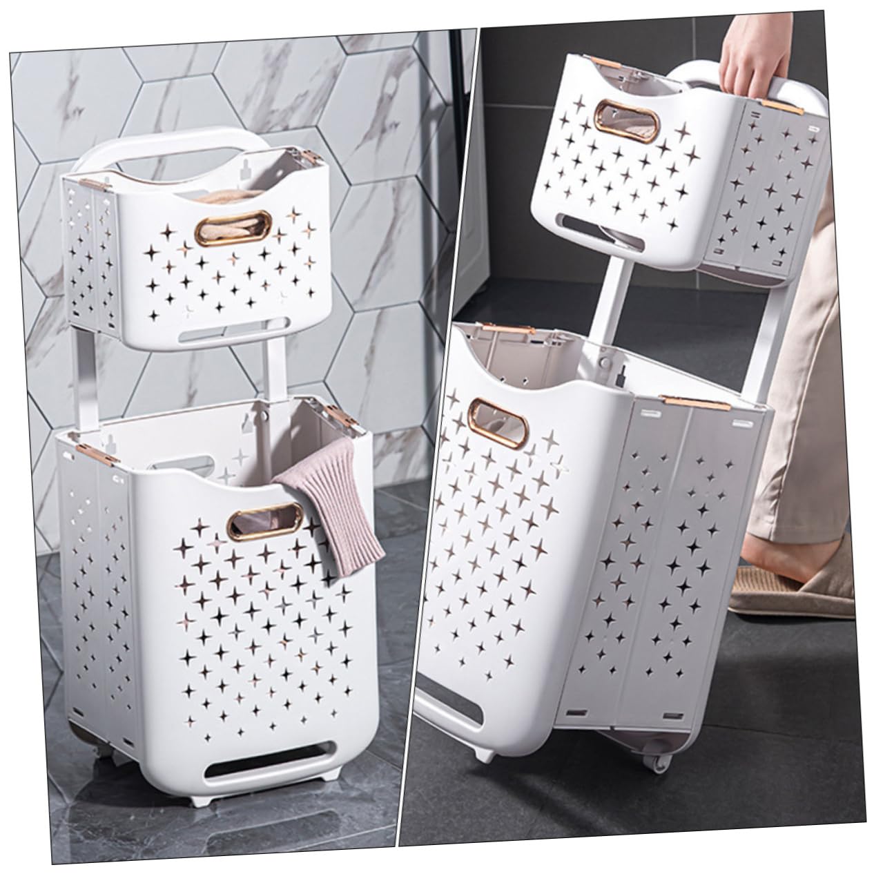 Cesto Portabiancheria Pieghevole a Doppio Strato Cesto Mobile Ventilato con Ruote Cesta la Biancheria con Grande Capacità e Design Salvaspazio per Bagno e Lavanderia