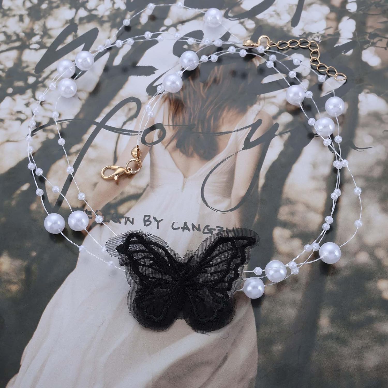 Vintage Layered Lace Butterfly Choker Necklace Boho Pearl Choker Necklace Hollow Butterfly Necklace Clear Transparent Chain Necklace Pearl Station Necklace for Women - Image 4