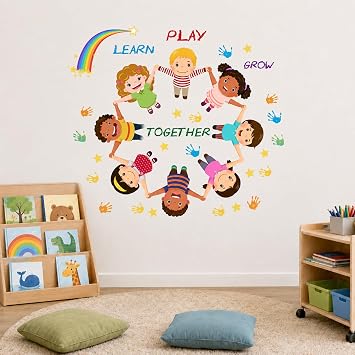Peel and Stick Kids Wall Decals Educational Rainbow & Diversity Stickers for Nursery, Classroom, Playroom | Learn Play Grow Together Wall Decor for Childrens Rooms, Daycare & Preschool