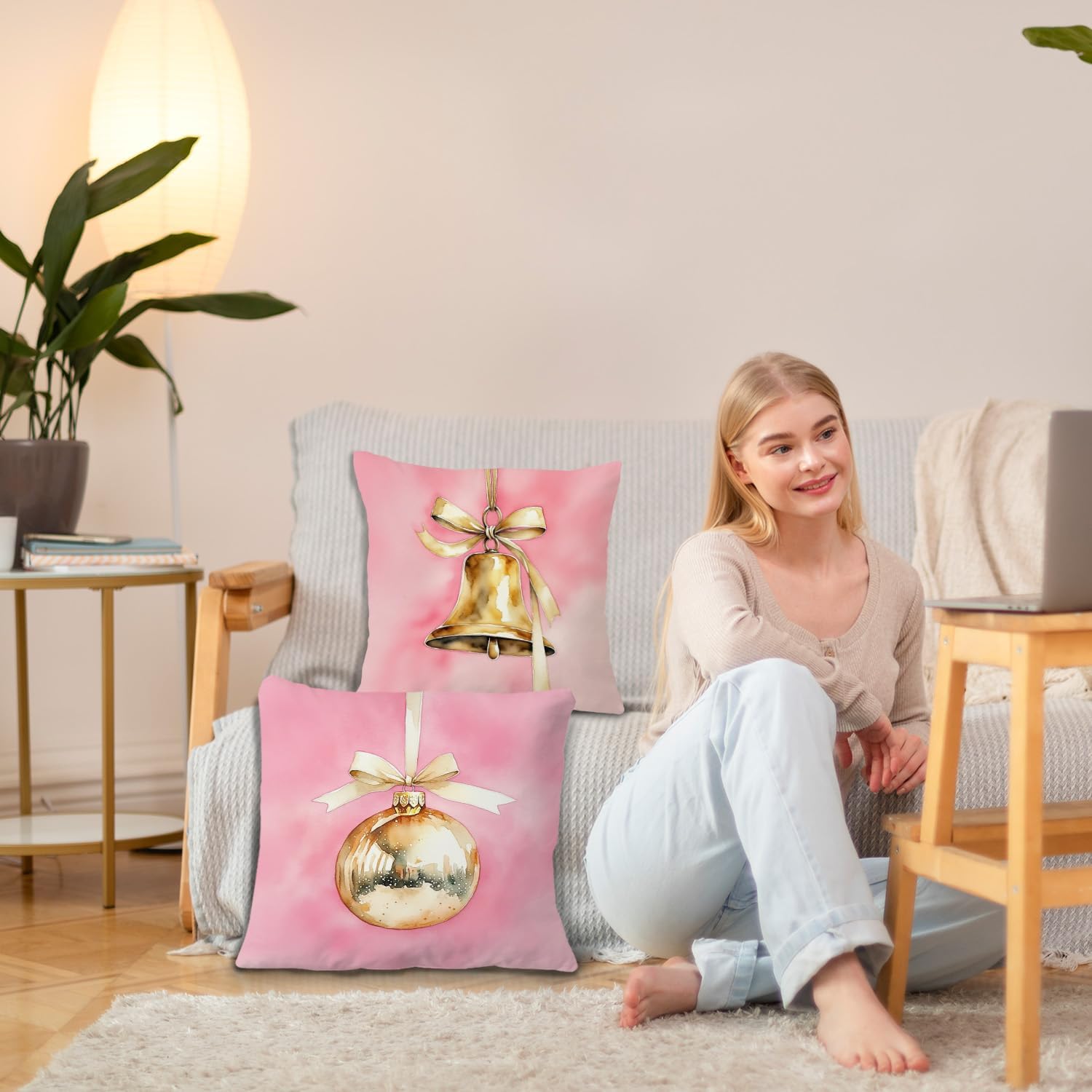 JINYO Coquette Gold Christmas Bauble Bell Pillow Covers 18x18, Coquette Christmas Decor, Pink and Gold Xmas Ornament Holiday Throw Pillow Covers for Home Room Dorm Apartment Sofa Couch Set of 2 - Image 2