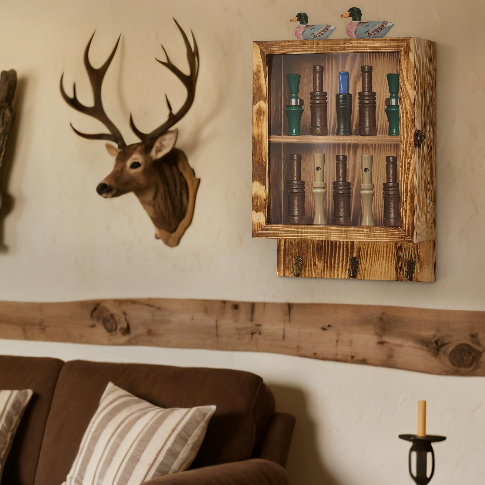 Duck Call Display Rack con 10 slot e 3 ganci per cordino, attrezzatura da caccia con anatra con porta in acrilico trasparente, organizer da parete in legno, per uomini e collezionisti