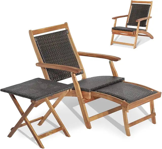 Folding Acacia Wood Rattan Sun Lounger with Side Table - Outdoor Chaise Lounge