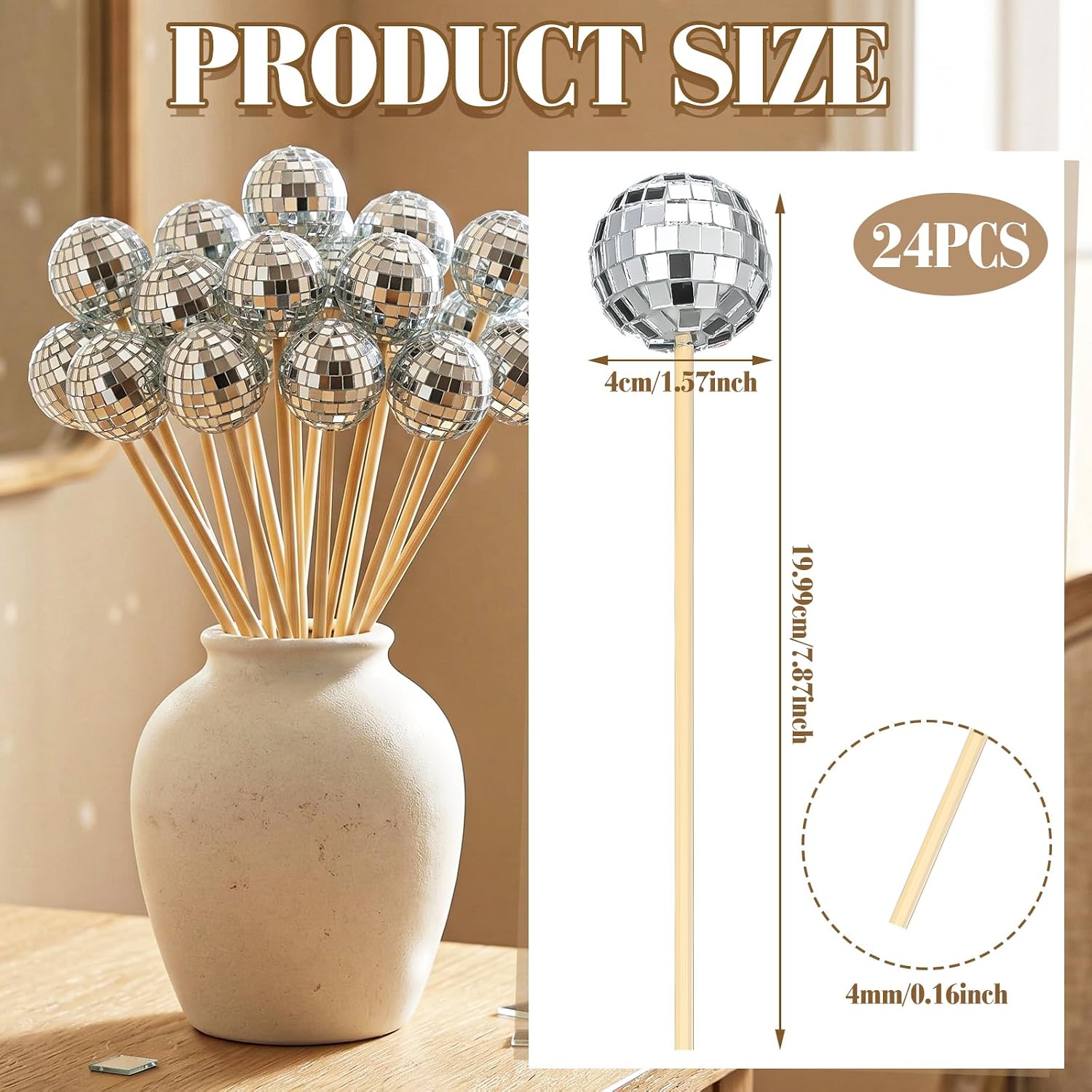 RattanView 24 Pcs Disco Ball Sticks Mirror Ball Floral Picks 70's Disco Centerpiece Decor for Table 1970s Theme Party Favor Wedding Birthday Theme Party Supplies