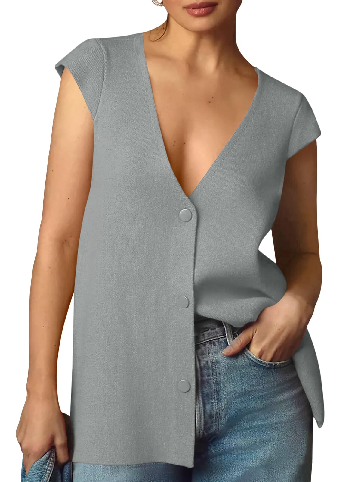 Saodimallsu Womens Deep V Neck Sweater Vest Sleeveless Knit Button Up Loose Fit Cap Sleeve Trendy Summer Tops