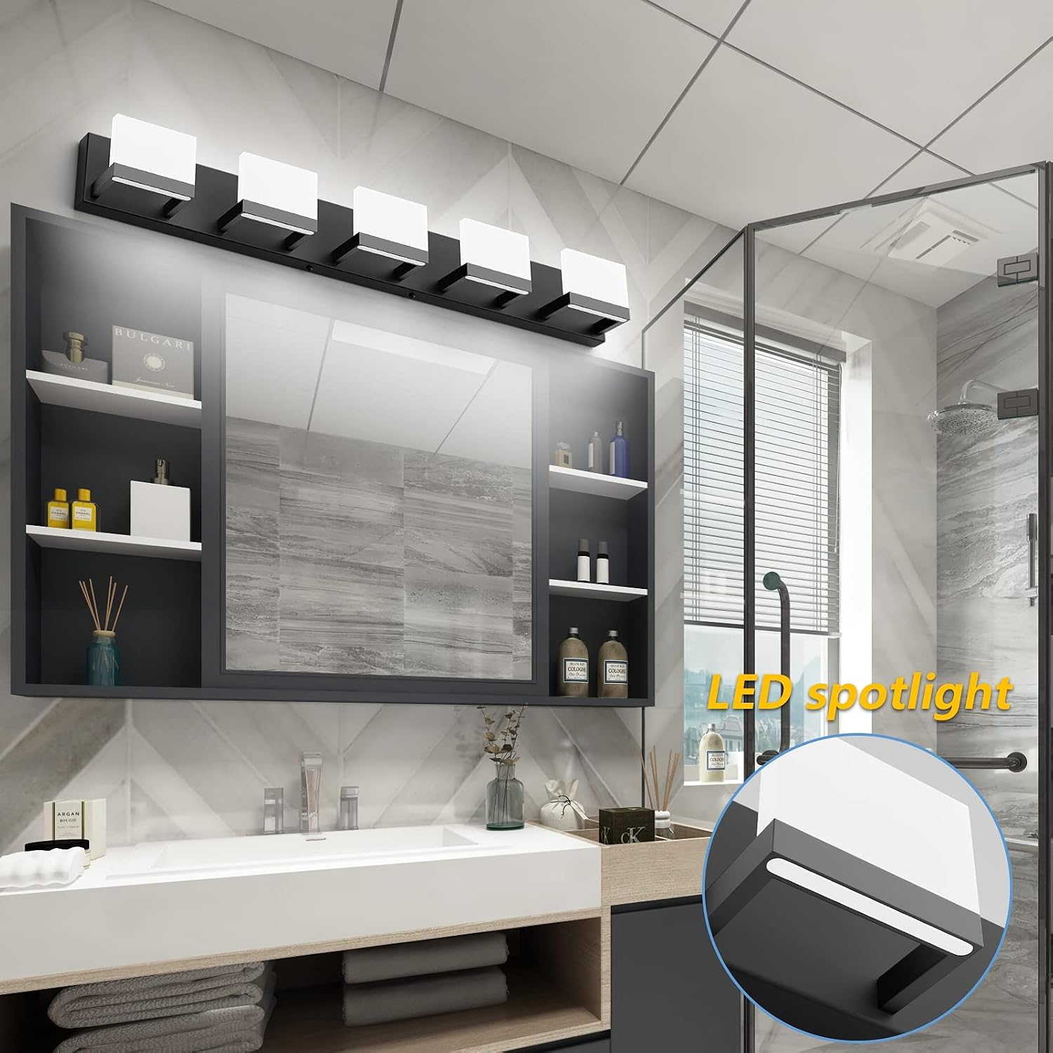 Tipace 5 Lights Modern Black Vanity Light Up and Down Black LED Vanity Light Fixtures Bathroom Wall Light Over Mirror 6000K