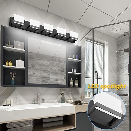 Miniatura 4 de Tipace - 5 Lámparas de tocador, modernas, de color negro, con luz led arriba y abajo, para colocarlas sobre el espejo del tocador del baño, de 6,000K