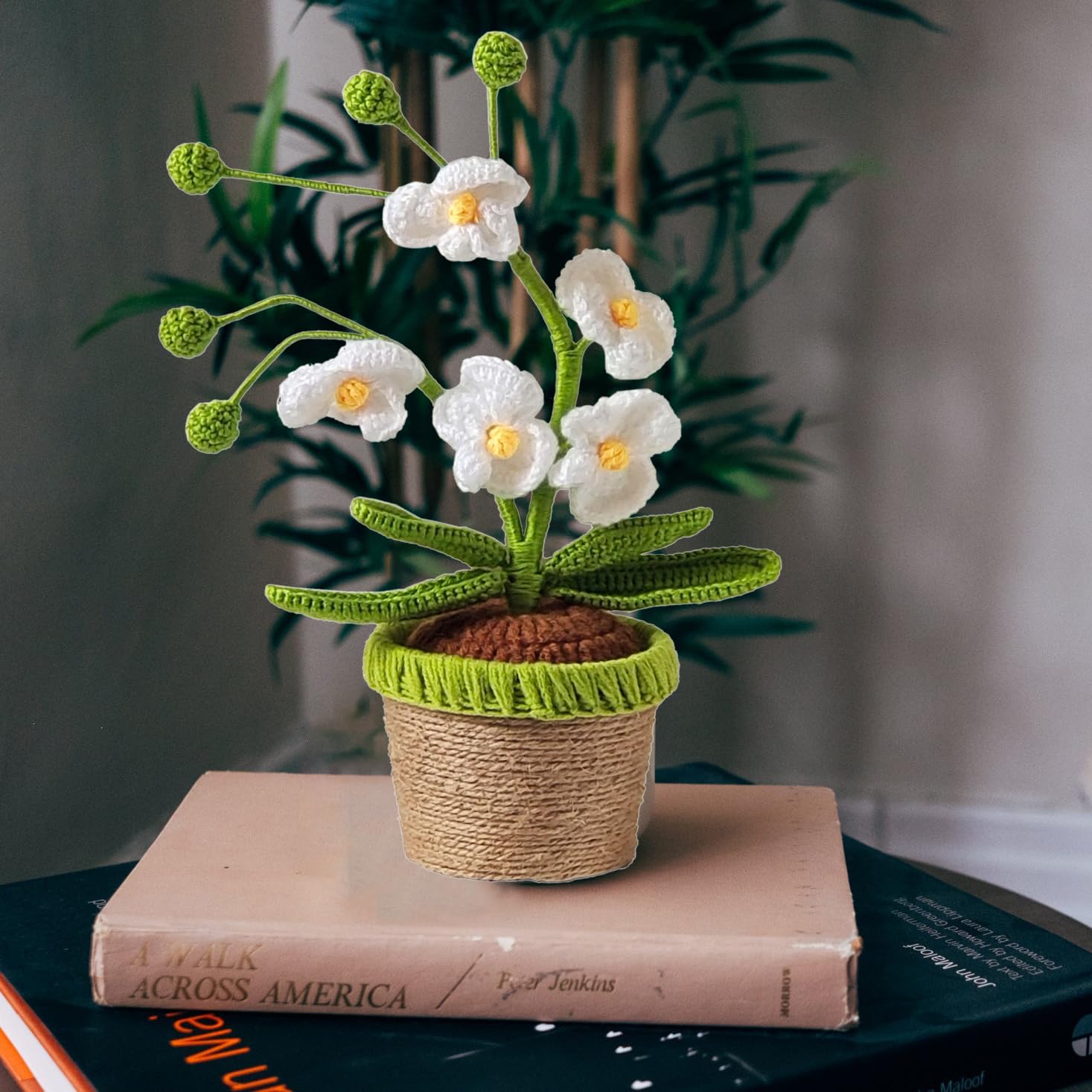Handmade Crochet Orchid Potted Plants, Knitted Artificial Forever Flowers with Exquisite Pot, for Friends, Women, and Kids, Ideal for Home Decorations and Office Desks (White)