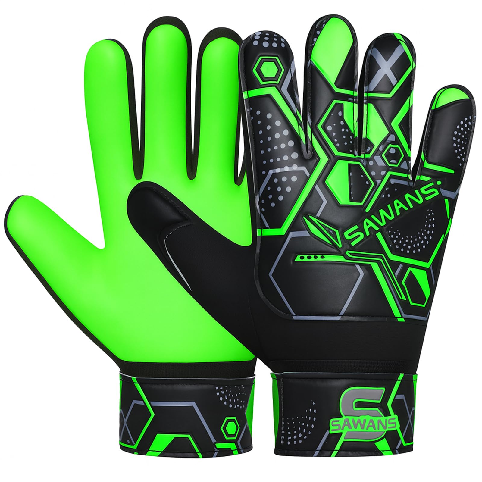 SAWANS Football Soccer Goalkeeper Gloves For Boys Durable Comfortable kids Children Youth Goalie Gloves Wrist Support Strong Grip Padded Palm (Black/Green, Size 6 suitable for 11 to 14 Years old)