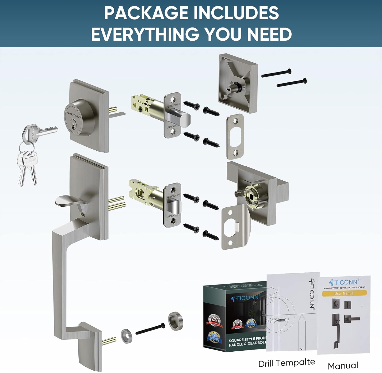 TICONN Front Door Handle Set, Heavy Duty Square Door Lever & Single Cylinder Deadbolt Combo Reversible for Entrance Exterior Doors (Satin Nickel)