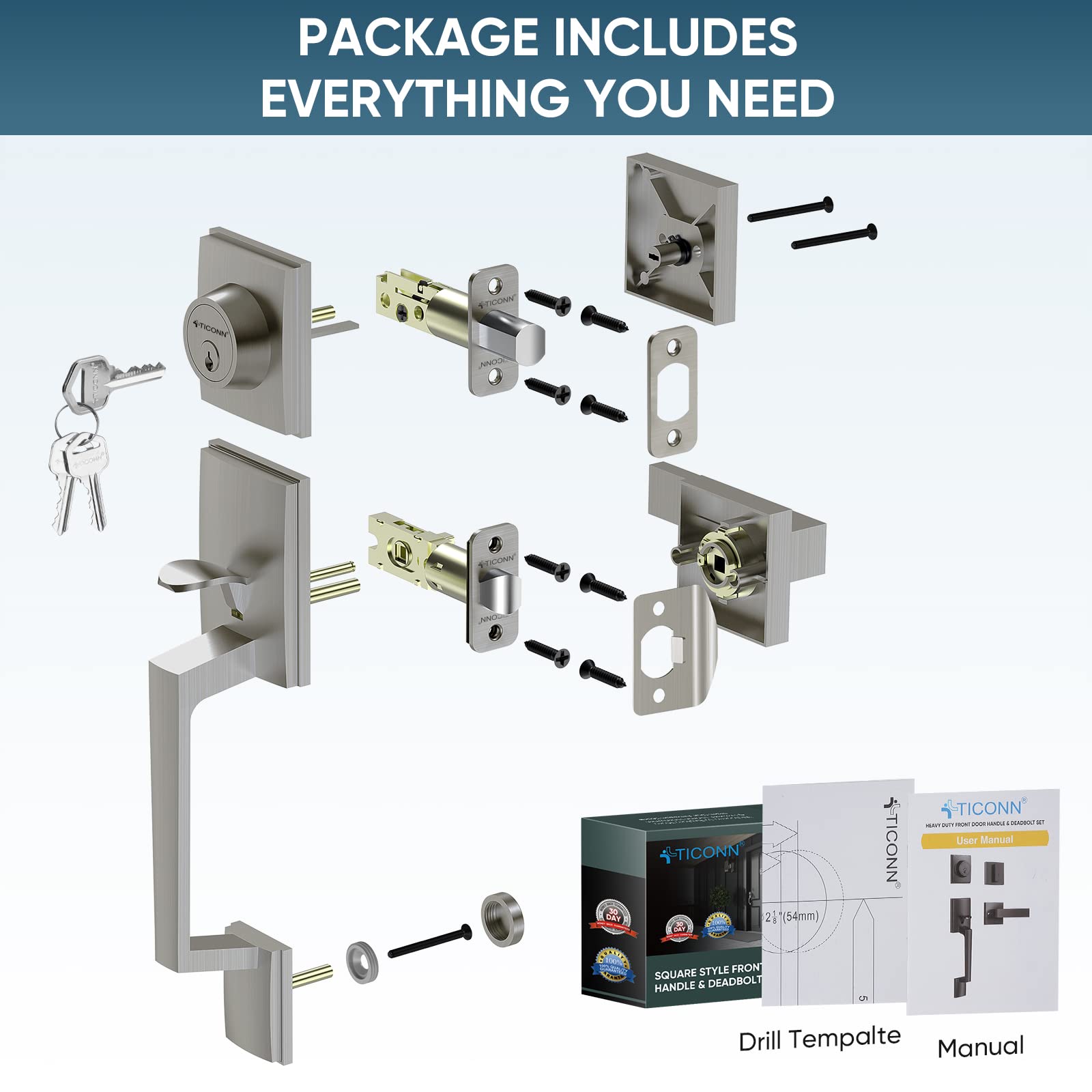 CozyBlock Double Door Handle Sets With Single Cylinder Deadbolt, Rectangular Adjustable Entry Door Lock Sets With Dummy Brushed Nickel | CBath