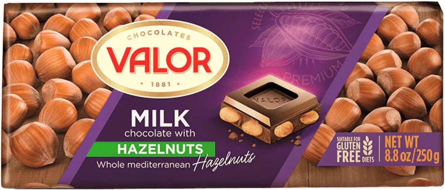Valor Milk Chocolate with Hazelnuts - Hazelnut Chocolate Bars by Master Chocolatiers, with 20% Mediterranean Whole Hazelnuts, 37% Cocoa Solids & Gluten-Free for Indulgent Snacking, 250g