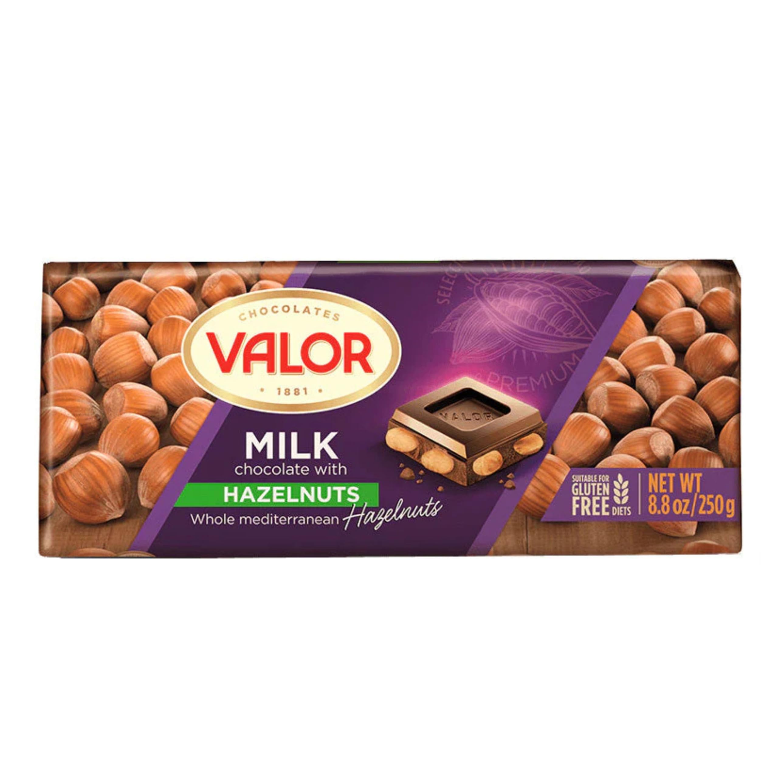 Valor Milk Chocolate with Hazelnuts - Hazelnut Chocolate Bars by Master Chocolatiers, with 20% Mediterranean Whole Hazelnuts, 37% Cocoa Solids & Gluten-Free for Indulgent Snacking, 250g