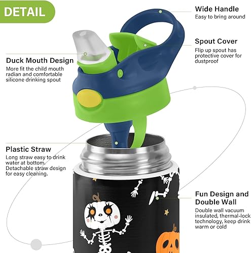 Miniatura 4 de Botella de agua de Halloween con diseño de esqueleto para niños, botellas de agua aisladas de acero inoxidable con tapa con pajilla, 12 onzas, sin