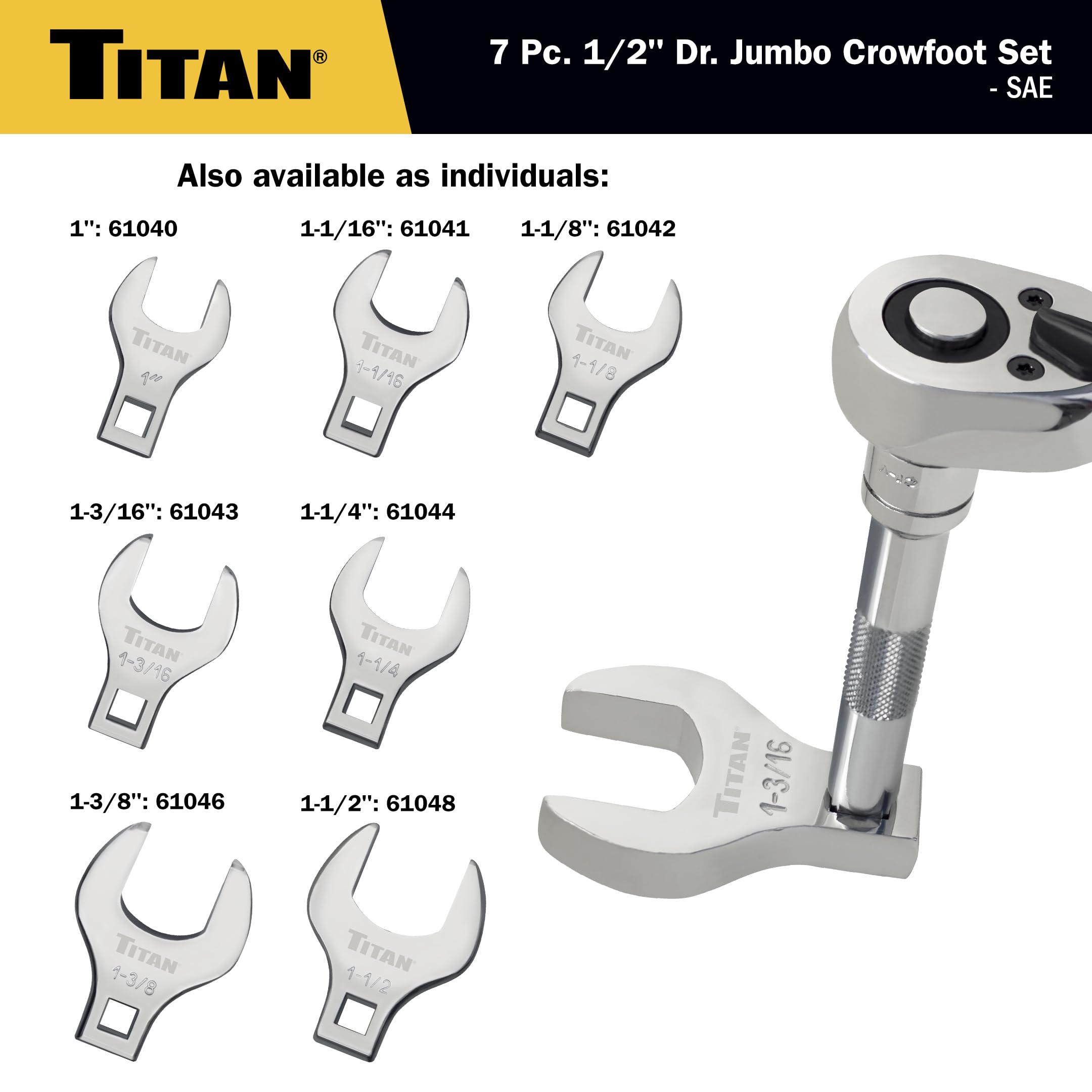 Titan 17671 Jeu de 7 clés à molette SAE Jumbo Crowfoot 1/2"