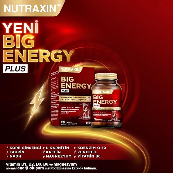 Nutraxin Big Energy Plus 60 Tablet - Panax Ginseng, Taurin, Kafein, NADH, Co-Q10, L-Karnitin, Magnesium